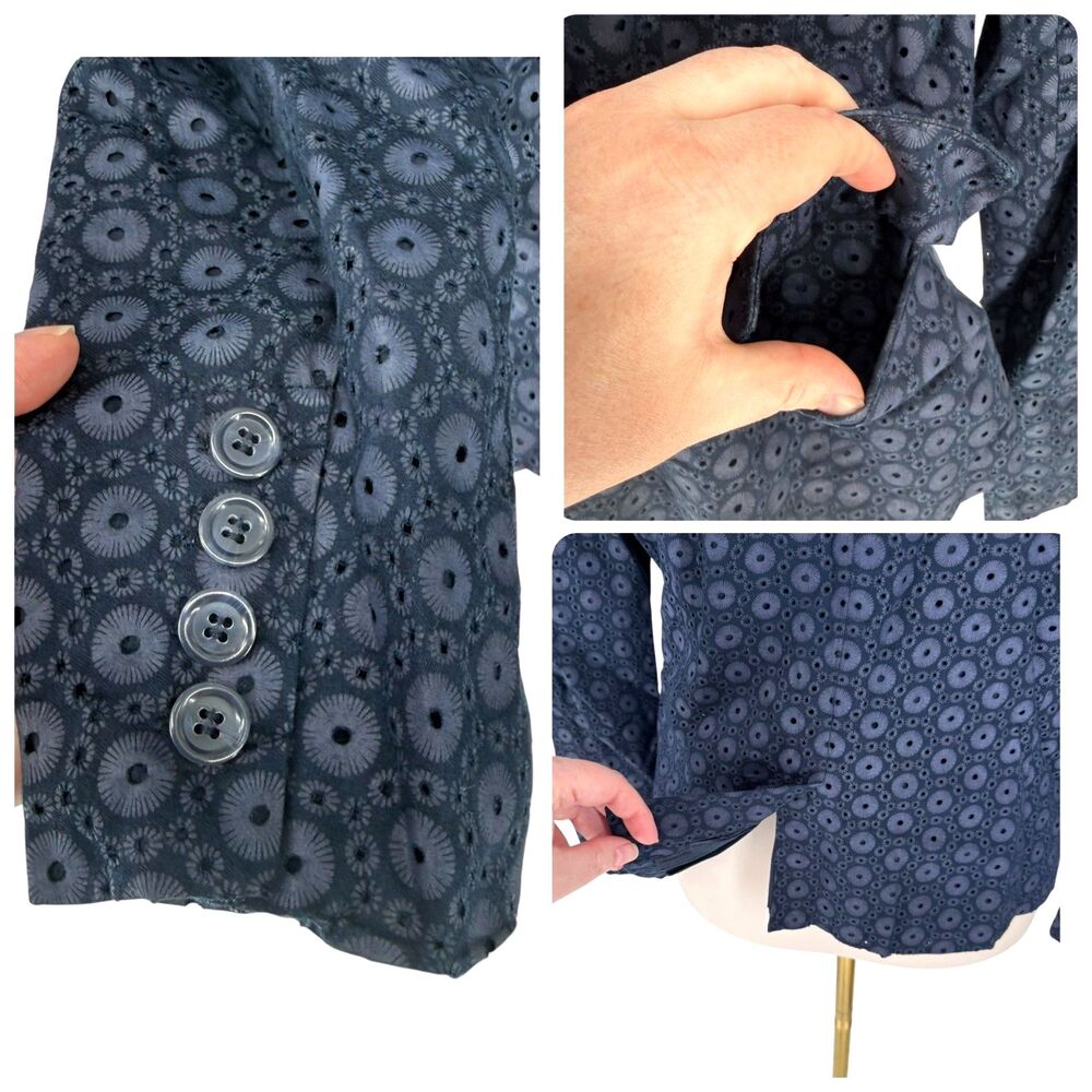 Cynthia Rowley Eyelet Blazer L Blue Cotton Floral Cutout Jacket Pocket Cottage - Picture 9 of 10